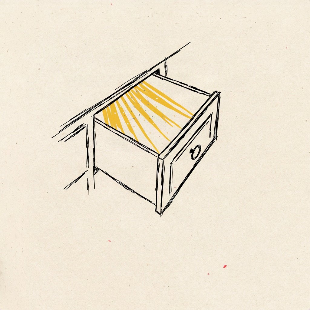 A single drawer pulled open from a dim old cabinet, with a shaft of light reaching into its far corner, revealing it's actually empty and swept clean.