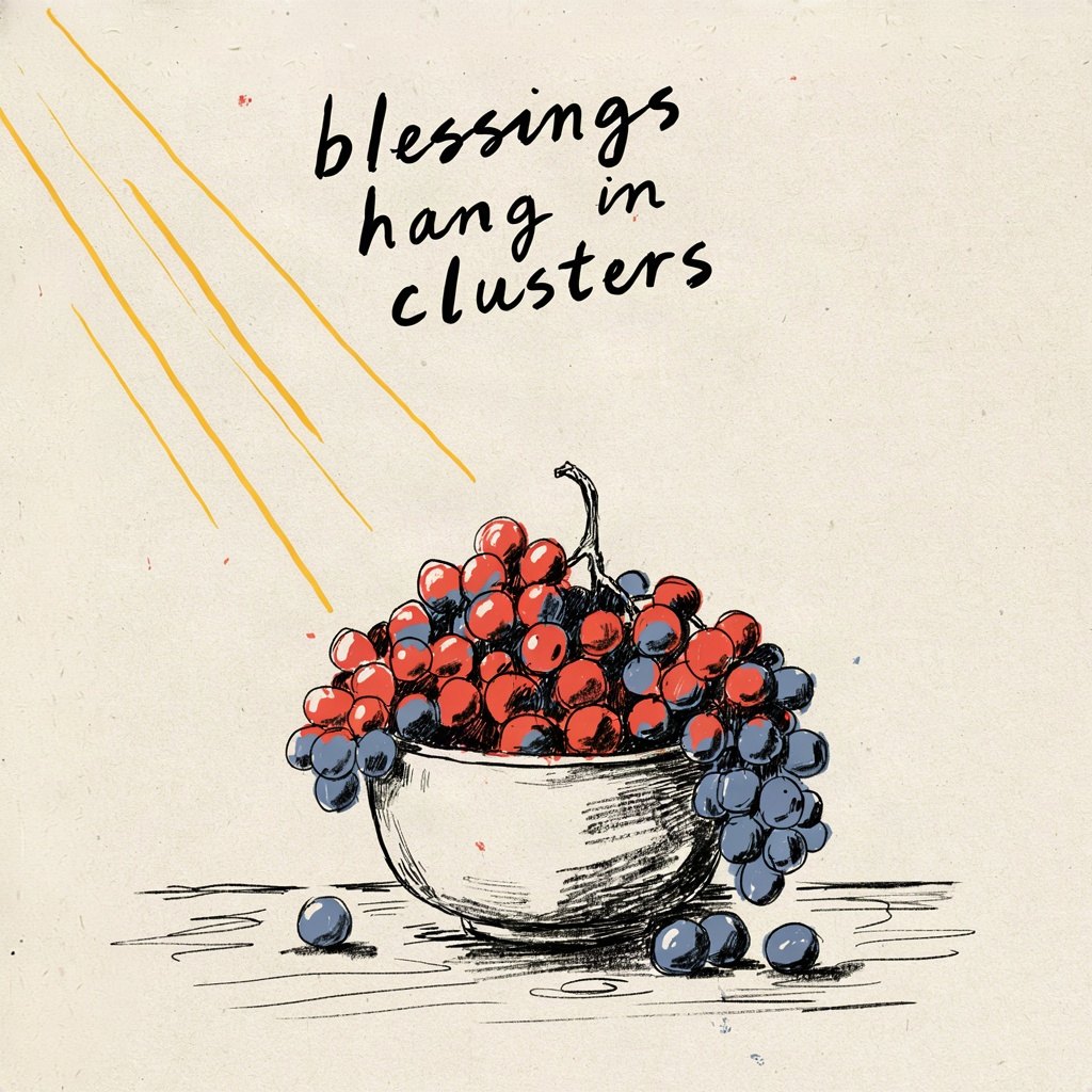 A single grape stem heavy with full round clusters, overflowing off the edge of a small bowl, with the words “blessings hang in clusters” lettered by hand.