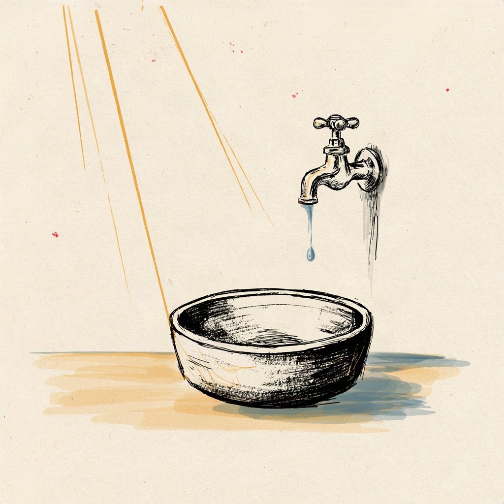 An empty bowl set out under a dripping tap, catching what little falls, suggesting a heart made empty on purpose so it can be filled.