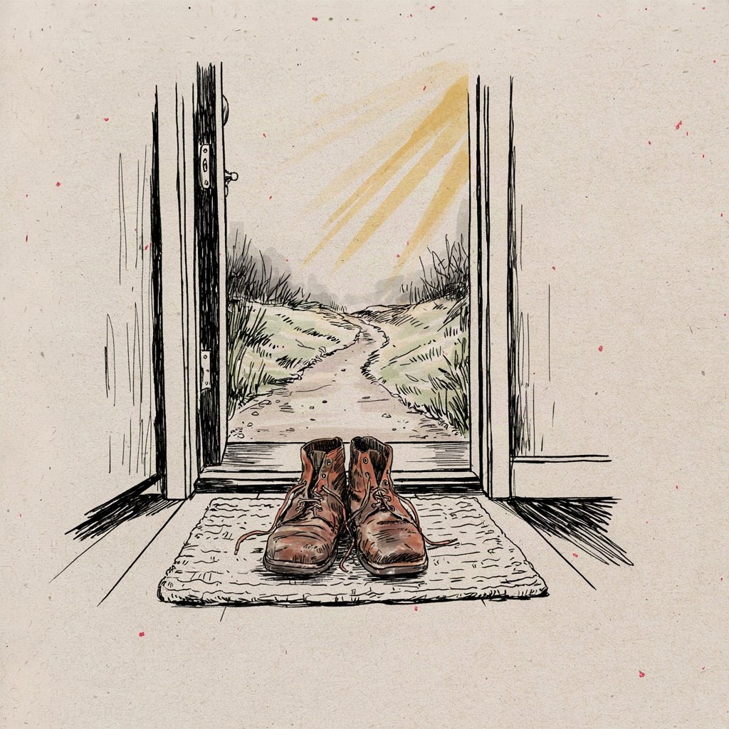 A pair of old boots standing by the door at first light, laces loose and ready, with the day's uneven road just visible beyond the threshold.