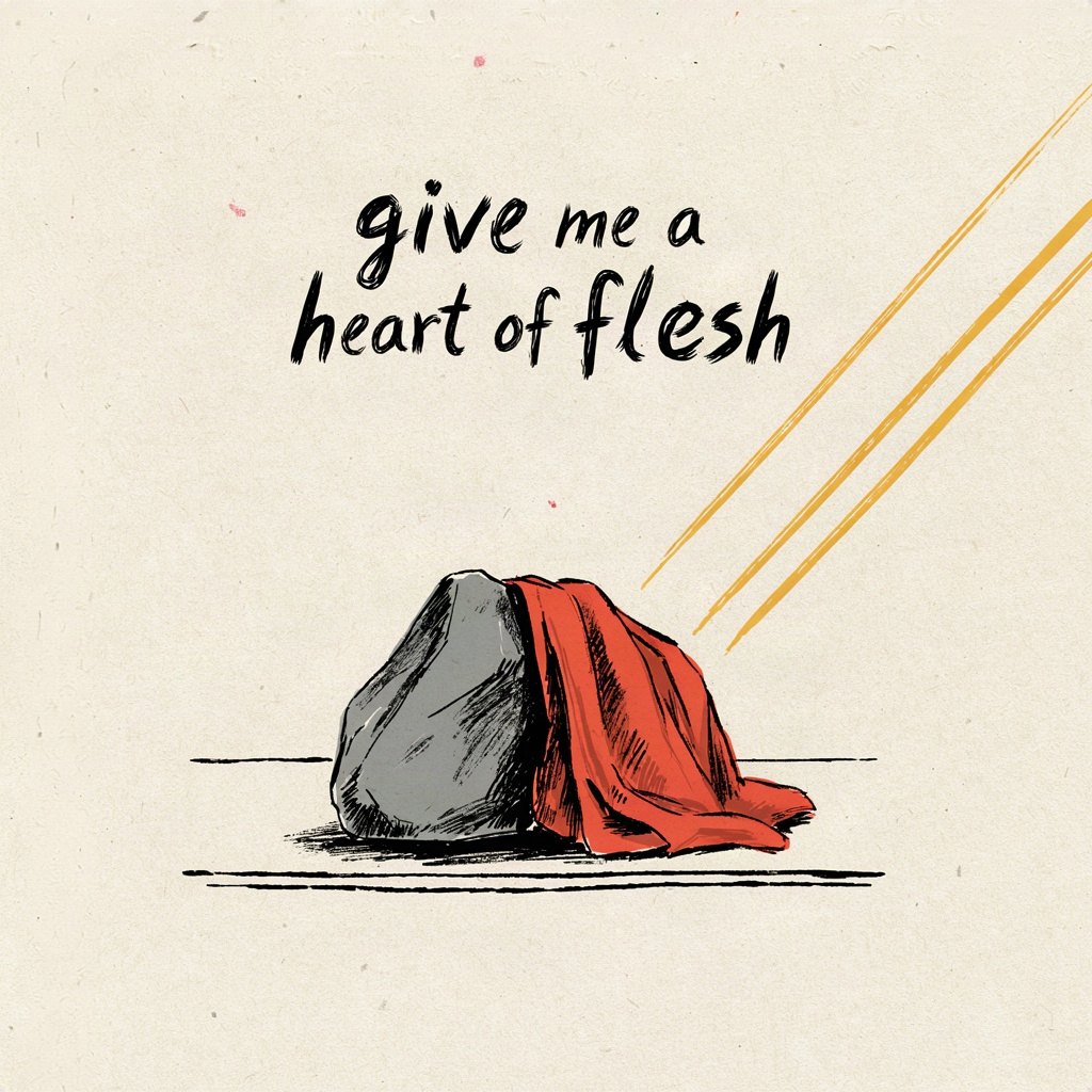 A plain stone sitting on a table slowly softening into a folded cloth, showing the heart of stone becoming a heart of flesh, with the words “give me a heart of flesh” lettered by hand.