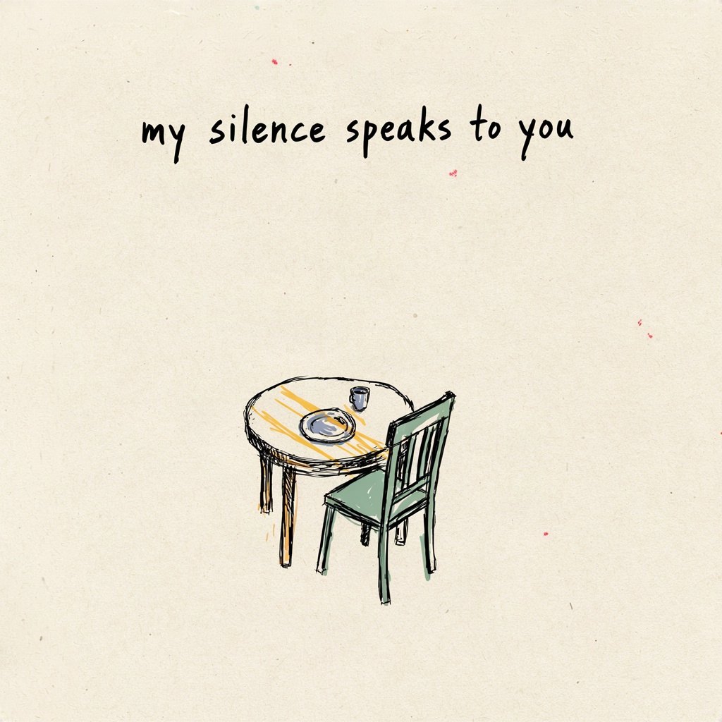 An empty chair pulled up to a small table set with just one plate, the emptiness itself speaking of longing for presence, with the words “my silence speaks to you” lettered by hand.