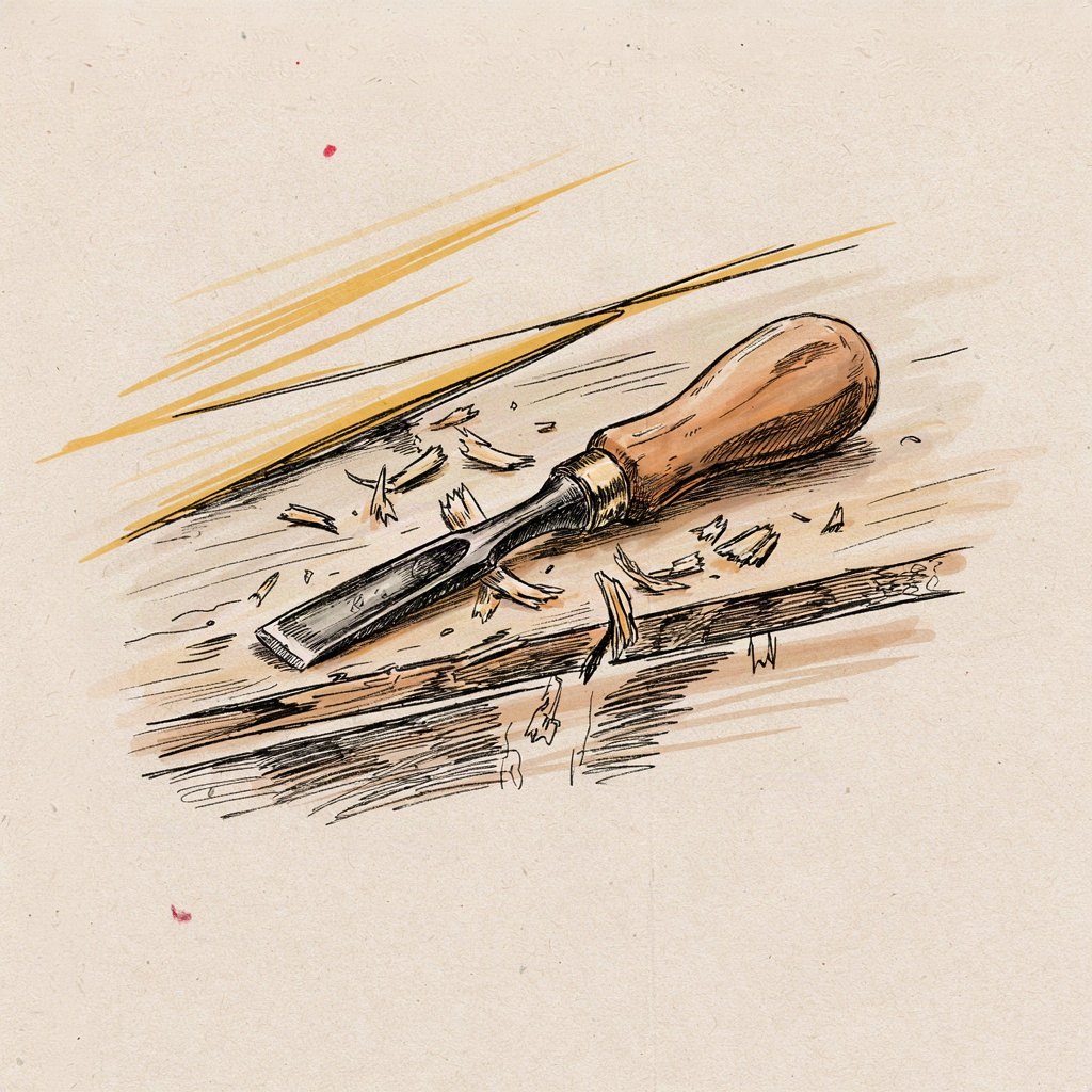 A small tool (a simple hand chisel) lying open on a workbench, waiting to be picked up and used, suggesting a life offered as an instrument.