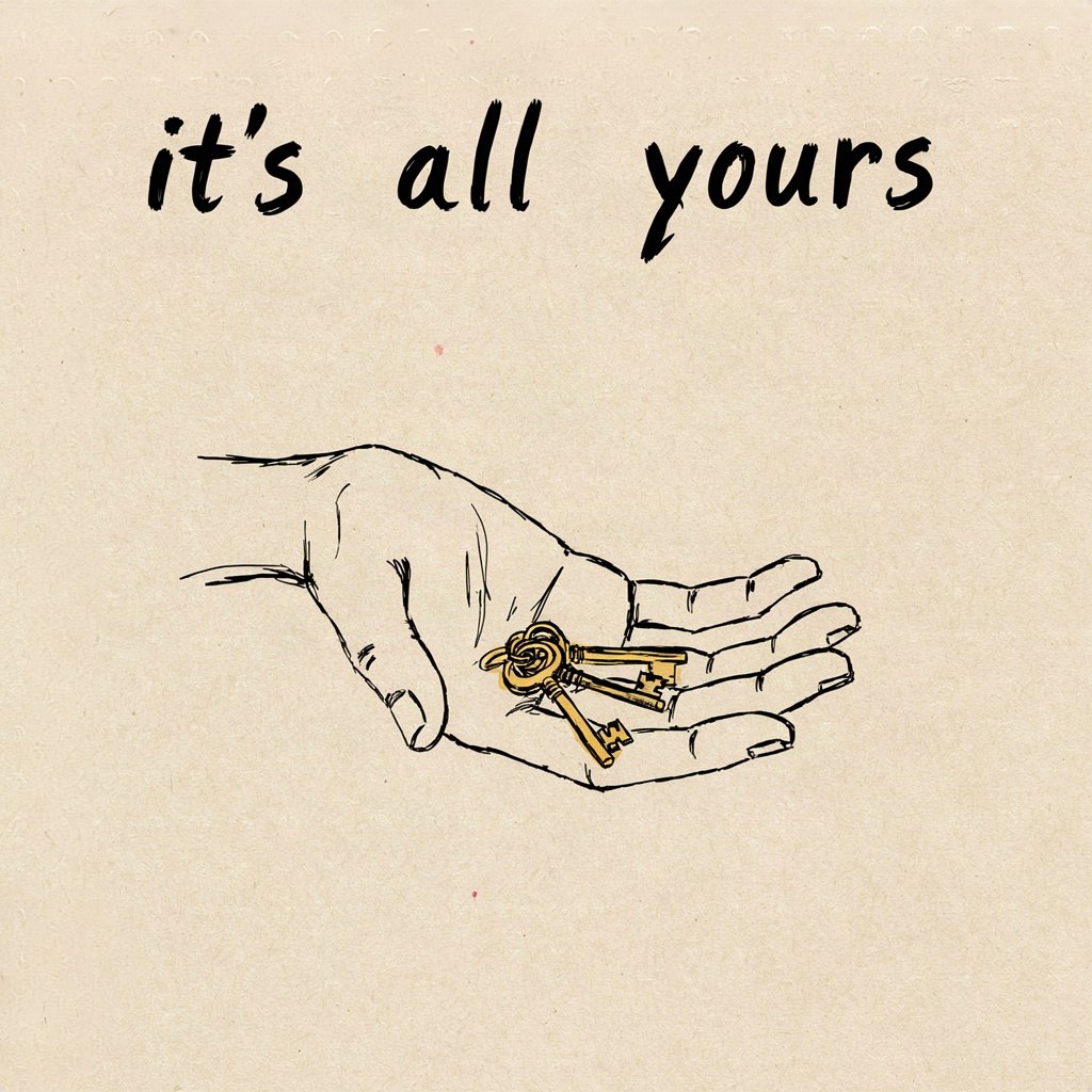 An open empty hand holding out a small set of keys, offering them up rather than gripping them, with the words “it's all yours” lettered by hand.