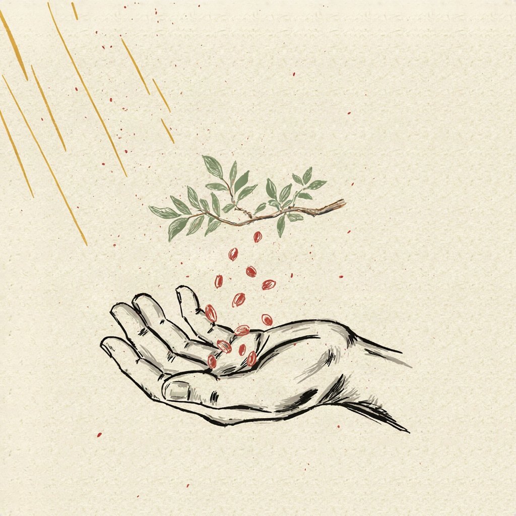 An open hand held palm-up beneath a tree, catching seeds falling from its branches, showing provision given simply because it is asked for.