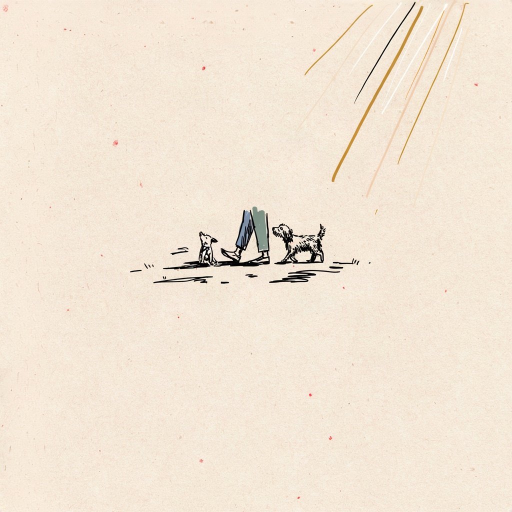 A small dog walking close beside its owner's feet, unleashed but staying near, suggesting companionship without being led by a leash.