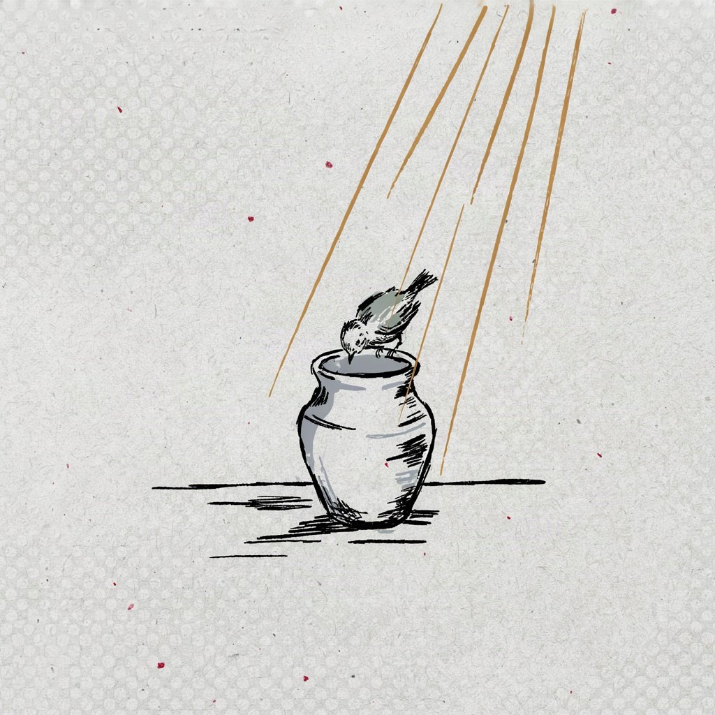 An empty clay jug sitting on a shelf with a single small bird perched on its rim, head tilted inside looking for what will fill it.