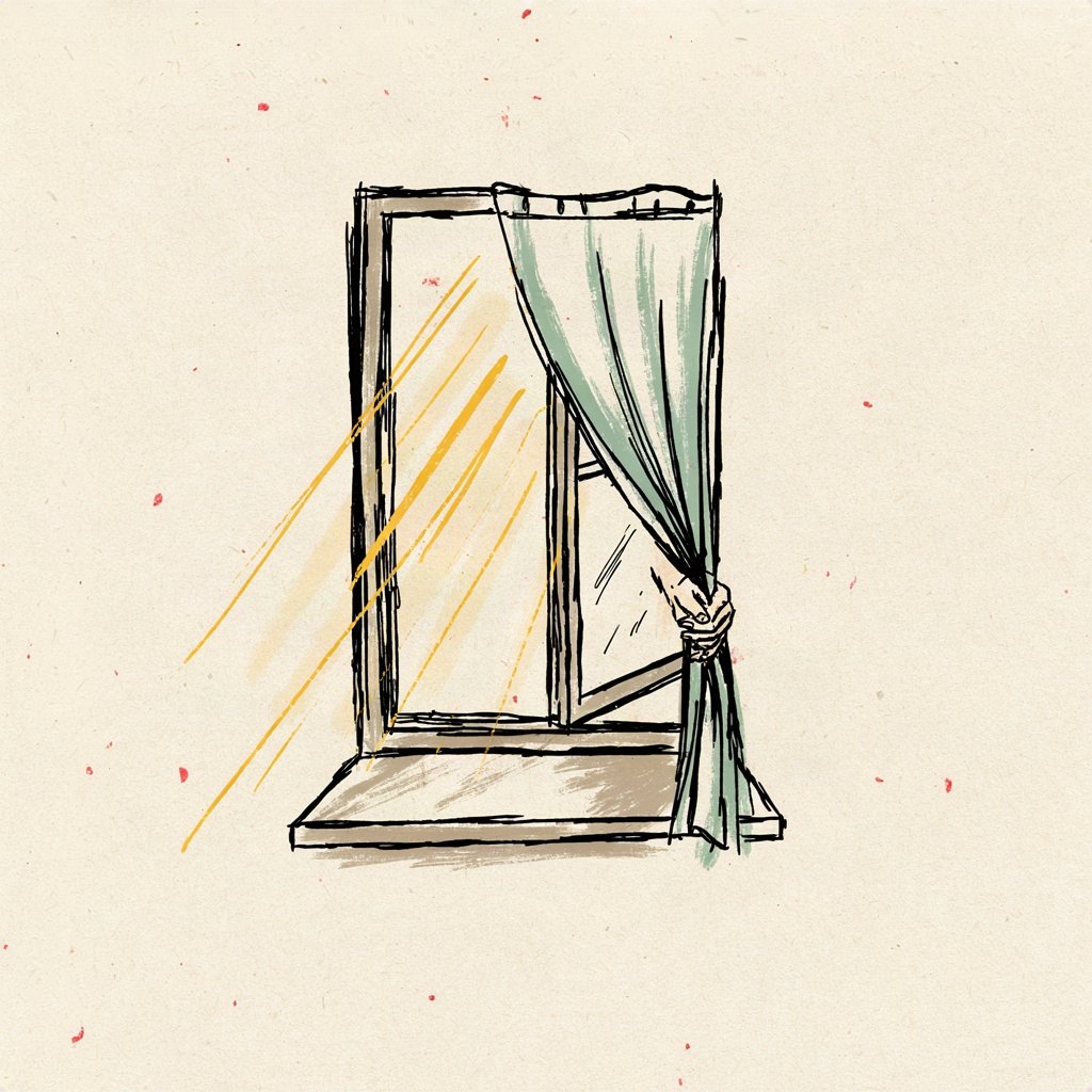 A pair of curtains being drawn open by an unseen hand to let the first morning light fall on a plain windowsill, showing lips and life being opened for prayer.