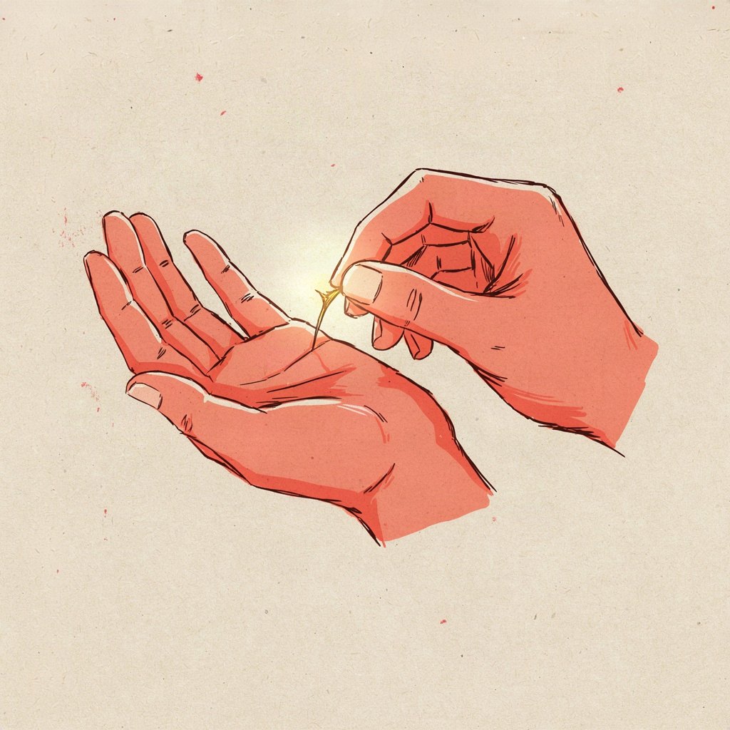 A single open hand gently removing a small thorn from the palm of another open hand.