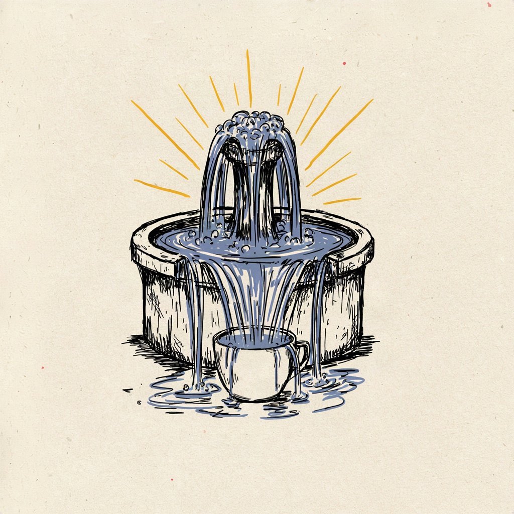 A small fountain overflowing a stone basin, filling an empty cup placed beneath it that's too small to hold it all, water spilling generously past the cup's rim.