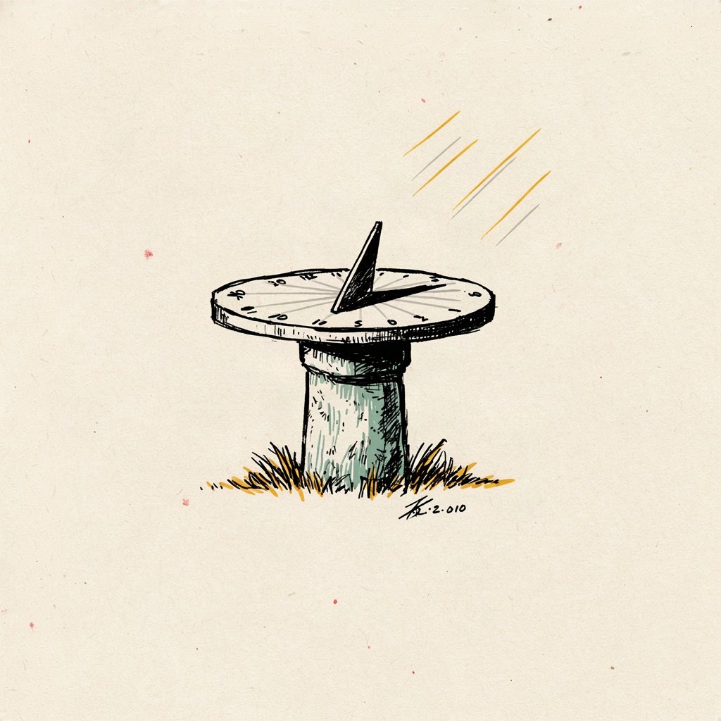 A sundial in a garden, its shadow marked at both morning and evening hours, showing one steady day turning from light to dark.