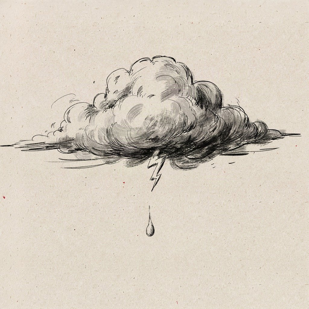 A storm cloud overhead with one gentle raindrop falling, but the lightning inside it has turned soft and small, like anger holding itself back to let mercy through.