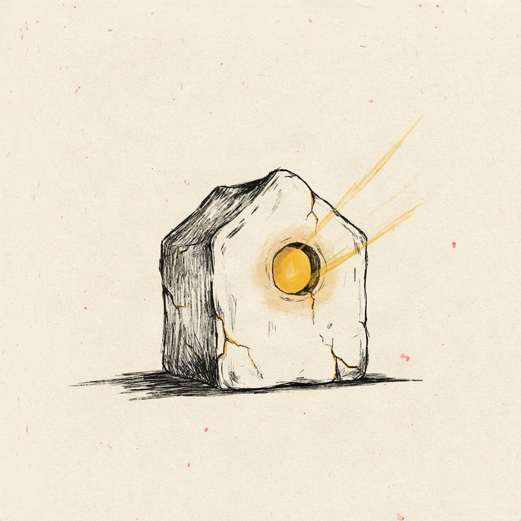 A small, humble clay house with a tiny window glowing warmly from within, light spilling out of every crack to show something precious living inside the plain walls.