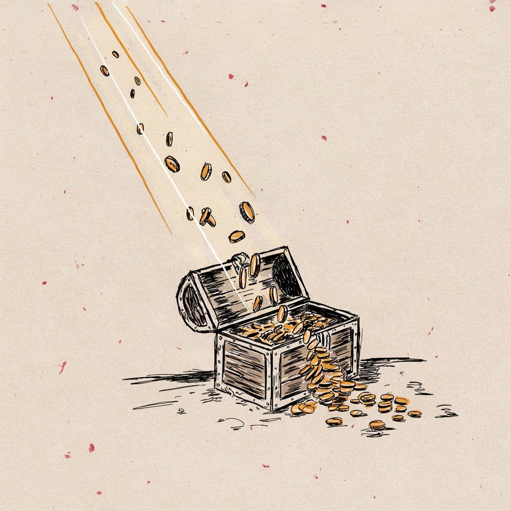A simple wooden chest sits open with ordinary coins spilling out one side, while out the other side a single beam of light lifts a few coins upward into the sky, treasure quietly changing hands from earth to heaven.