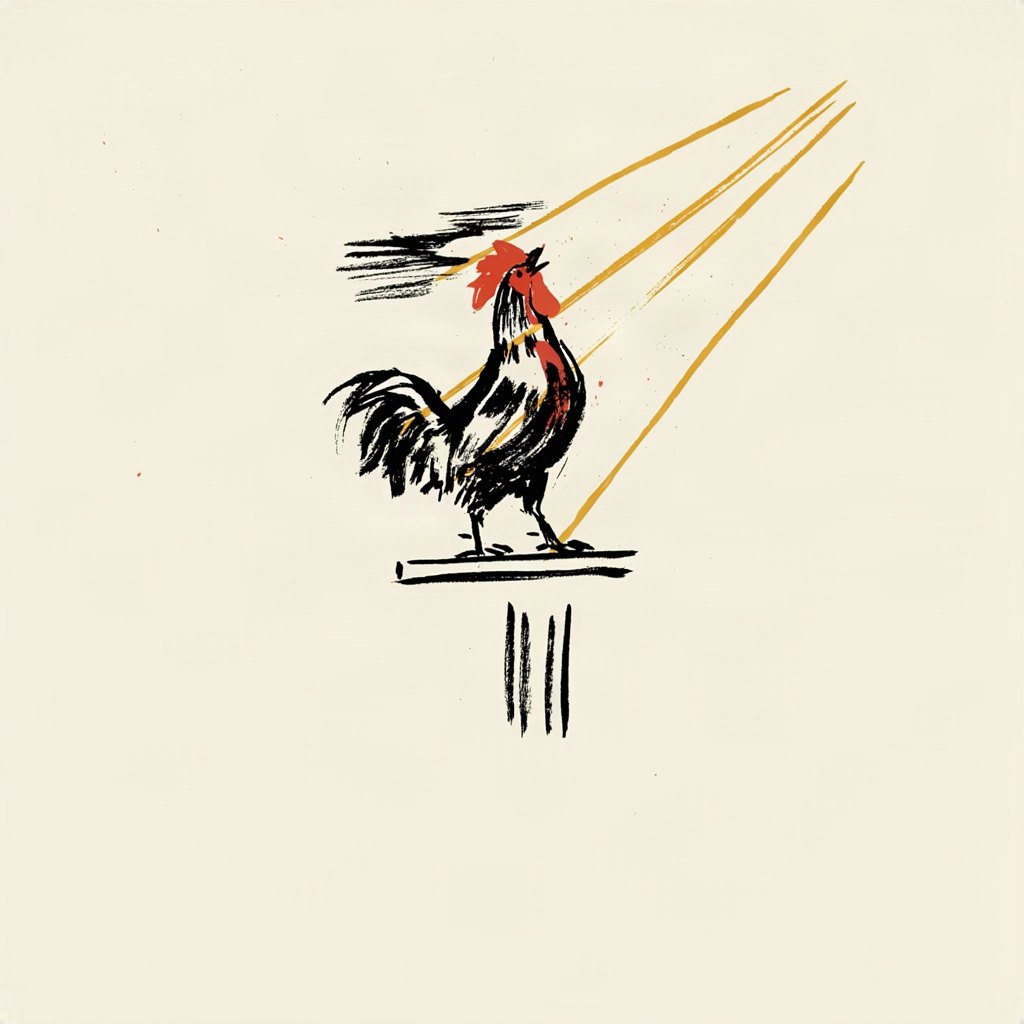 A rooster perched on a windowsill crowing as the very first ray of sunlight breaks the dark horizon behind it.