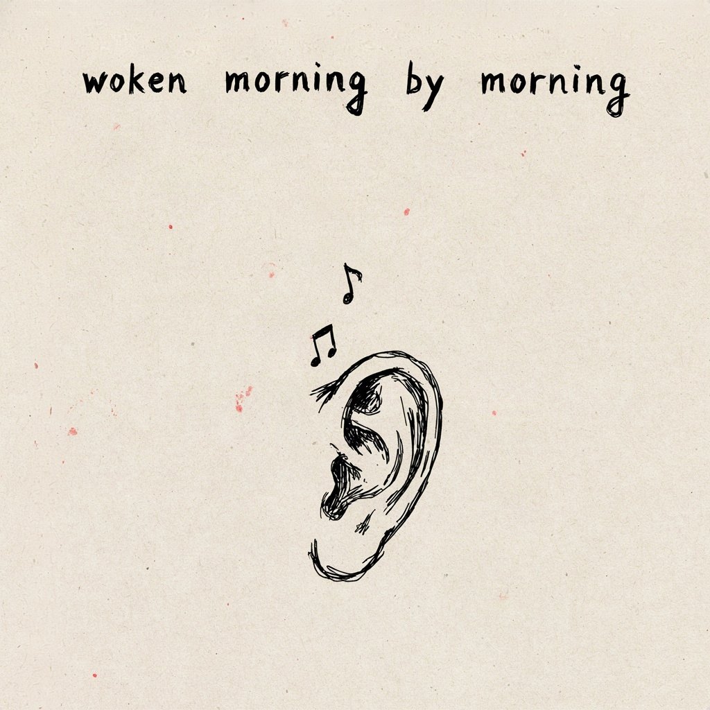 A small ear shape drawn simply, tilted toward a single word floating above it like a note waiting to be caught, with the words “woken morning by morning” lettered by hand.