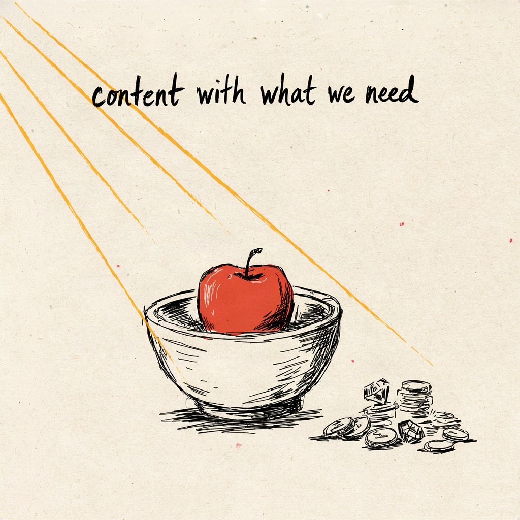 A simple wooden bowl with just one apple in it, plain and enough, while a pile of shiny coins and jewels sits untouched and ignored in the corner, with the words “content with what we need” lettered by hand.