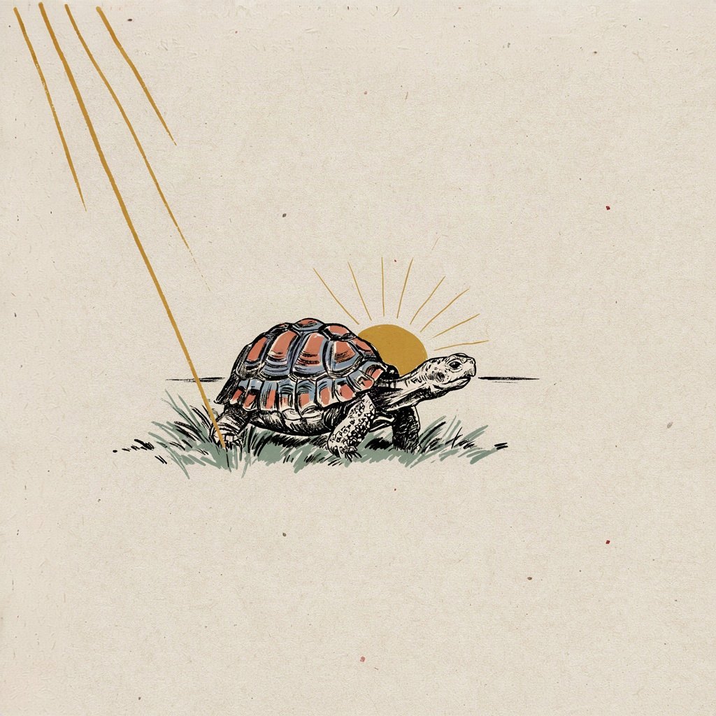 A tortoise carries its own shell like armor out into the morning, a small sun rising behind it, suggesting protection worn gently rather than forced.