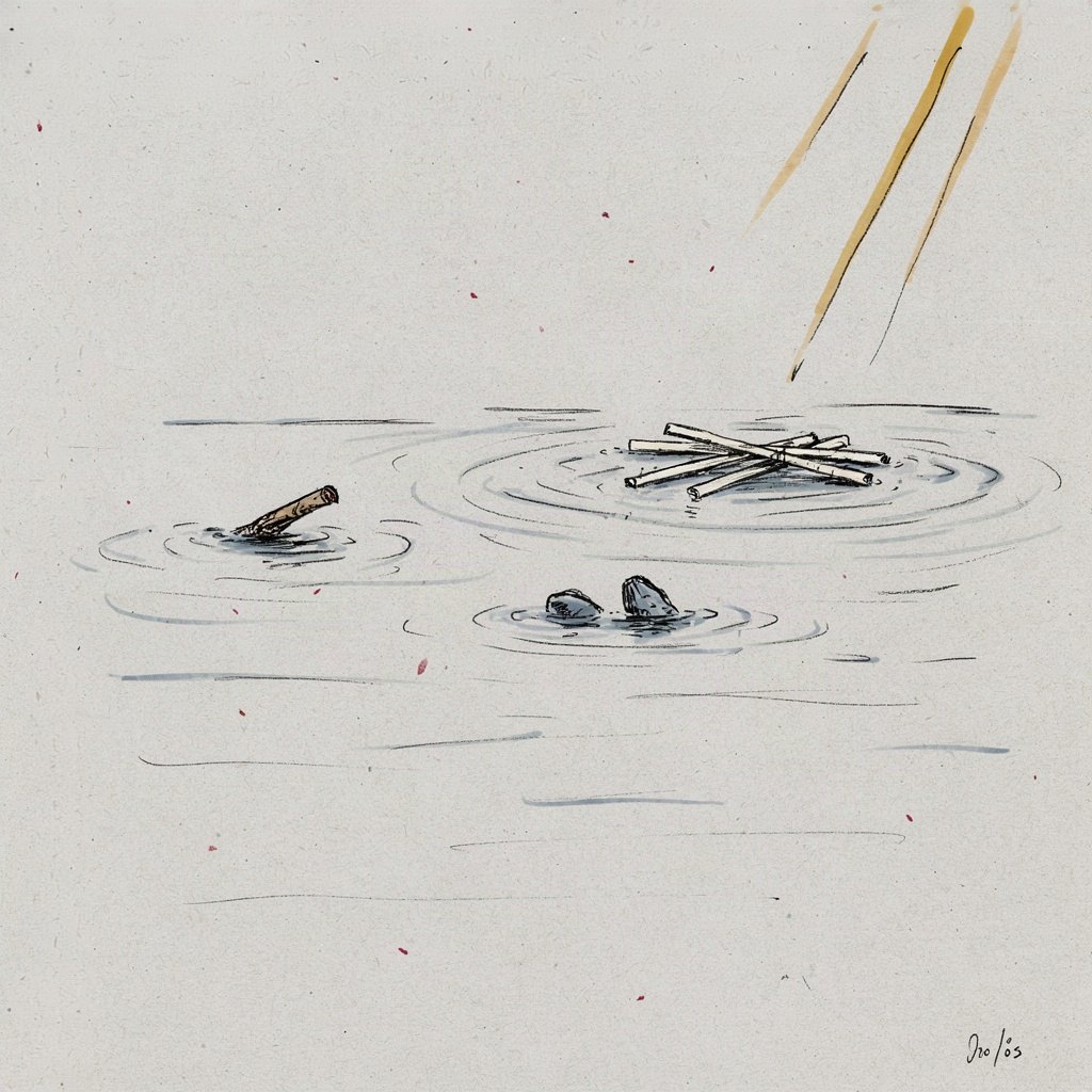 A few straws floating on gentle tide water, small and light, drifting but not sinking.
