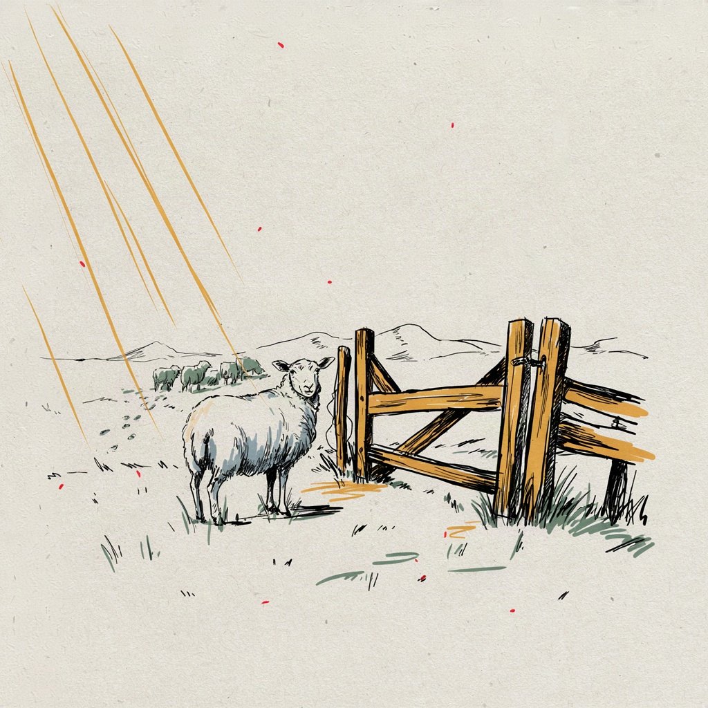 One small sheep standing alone outside an open gate, looking back over its shoulder toward a distant flock, a single path of footprints leading back home.