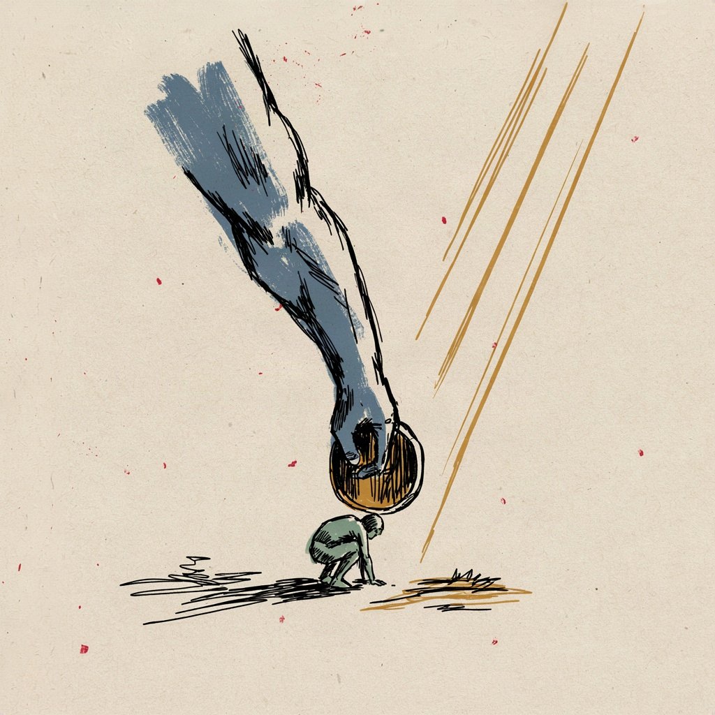 A small shield lies on the ground, but a single sturdy arm reaches down from outside the frame to hold it up and over a tiny figure crouched beneath.