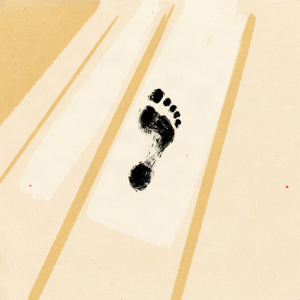 A single footprint walking across a sunlit floor, with the light itself shaped like it's watching from every corner of the room.