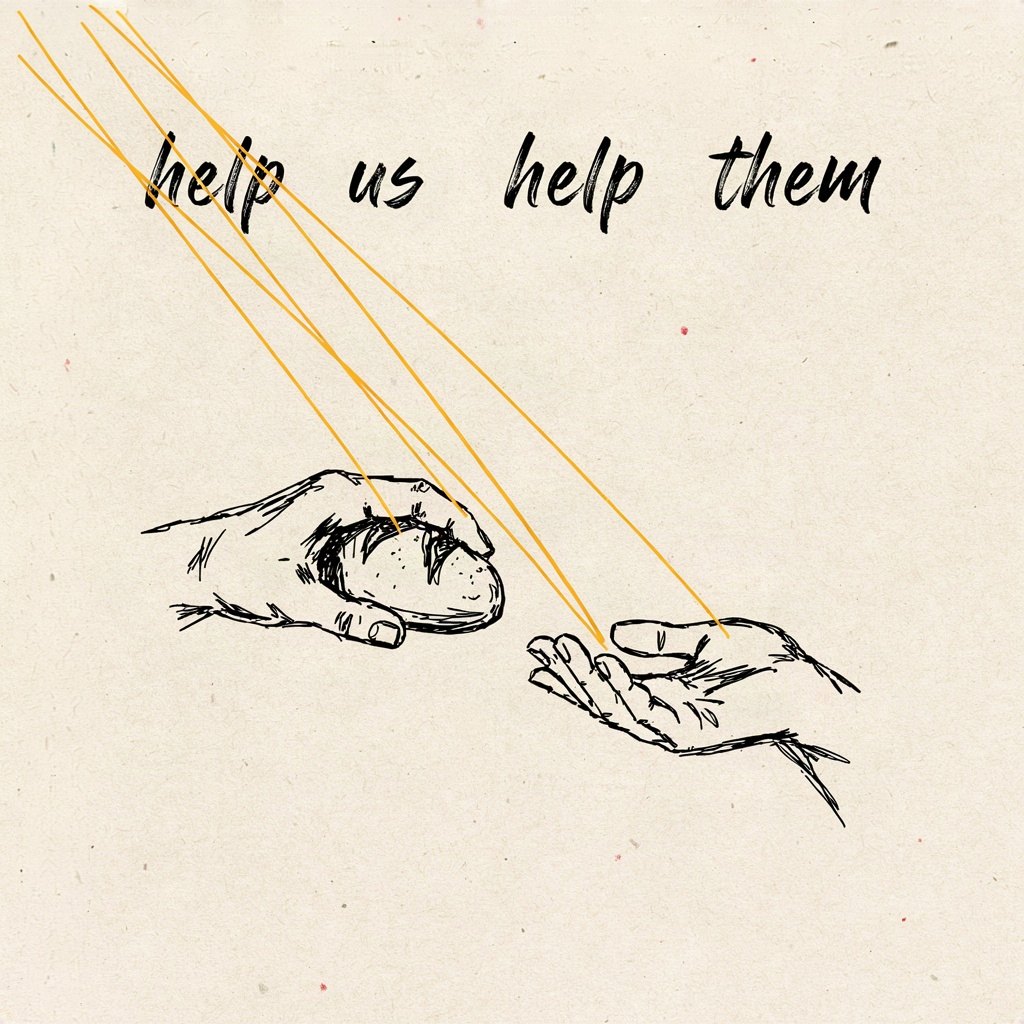 One small hand passes a loaf of bread across a gap to another open hand reaching from the other side, with a bit of warmth drawn simply between them, with the words “help us help them” lettered by hand.