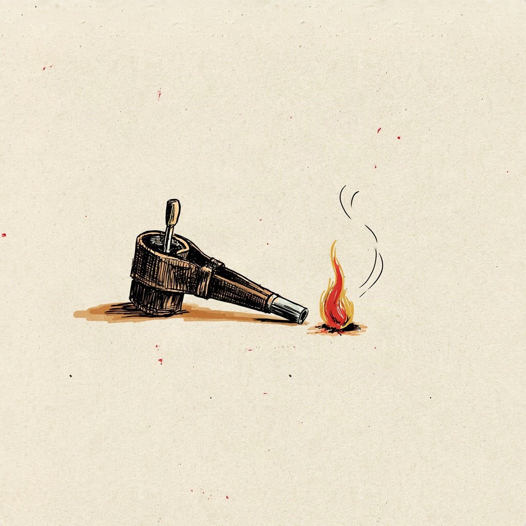 A single pair of bellows gently fanning a small ember into a bright flame, suggesting breath given to keep something alive.