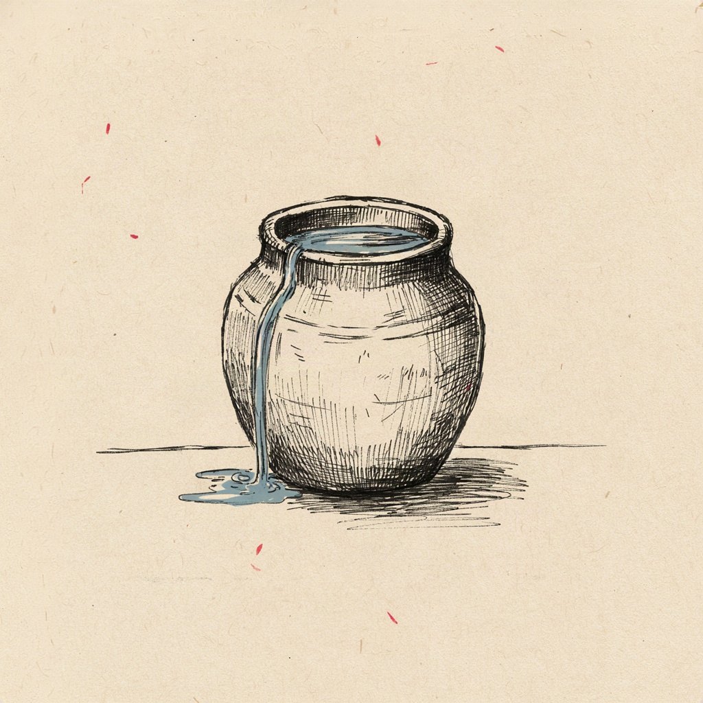 A simple stone water jar filled right to the brim, overflowing gently onto the table in one continuous ribbon.