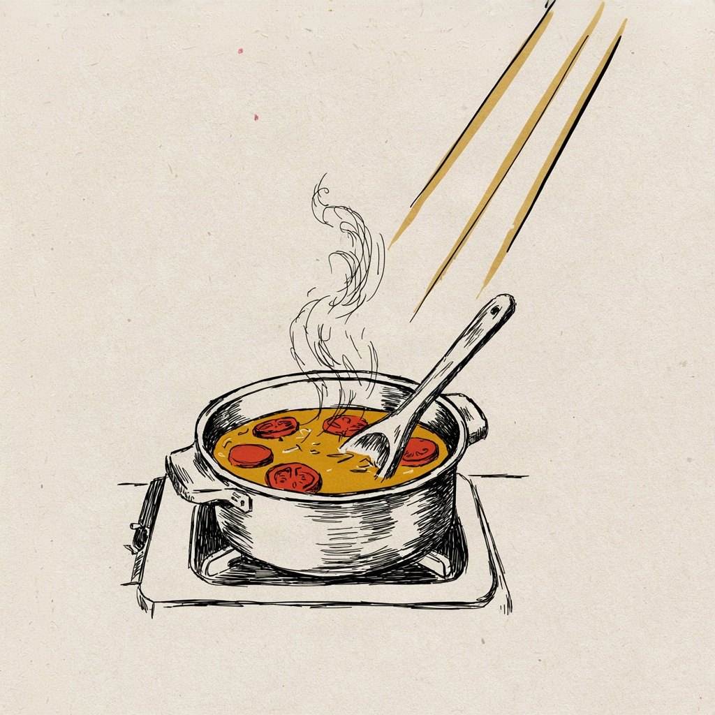A small wooden spoon stirring an ordinary pot, steady and plain, with one drop of steam curling upward like quiet devotion to a small task.