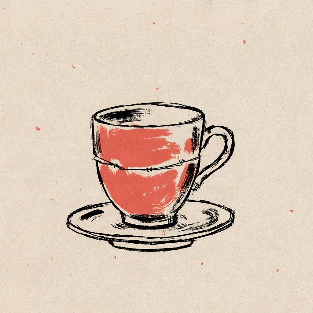 Two broken halves of the same teacup mended at the crack with a thin gold-colored line, now whole and sitting steady on a saucer.