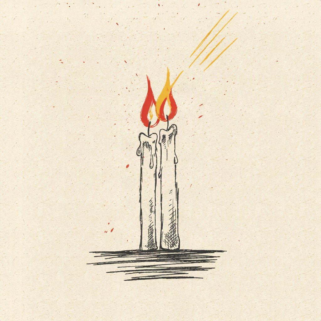 Two candles standing side by side on a small shelf, their flames bending toward each other to merge into one, showing enemies turned into one light.